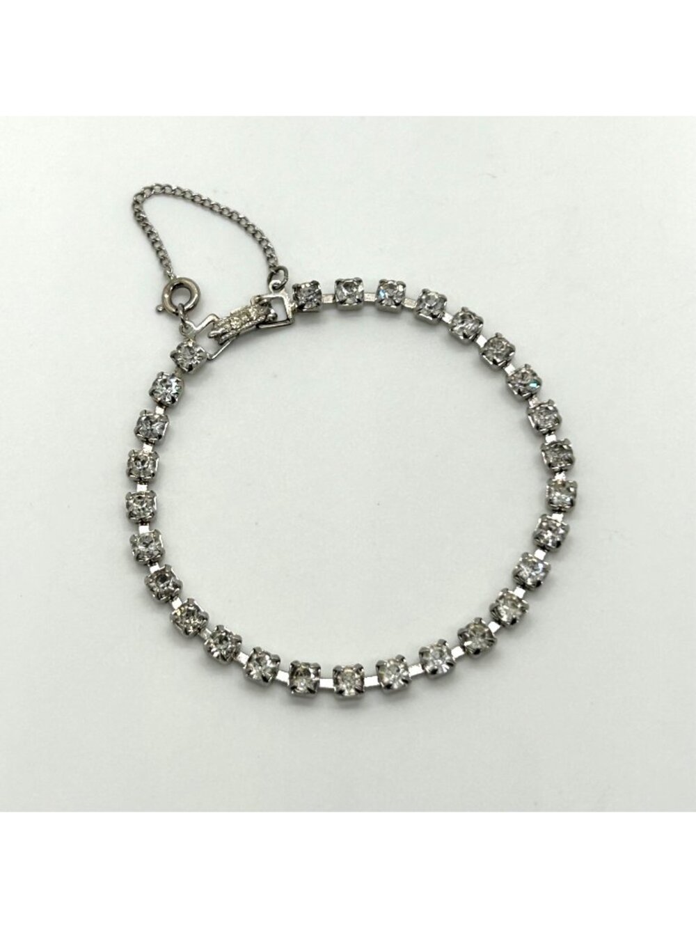 Vintage Silvertone Clear Rhinestone Tennis Bracelet With Safety Chain